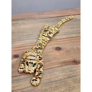1980's Articulating Gold Tone Tiger Brooch Pin w/ Emerald Green Rhinestone Eyes
